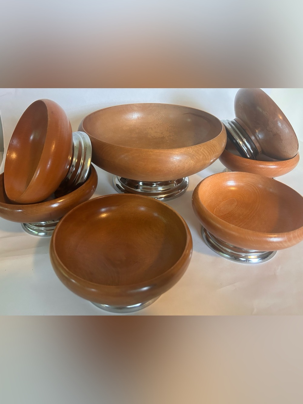 7 Vintage Wood Chrome Pedestal 1950’s Mid-Century Modern Bowl Dish MCM Boho